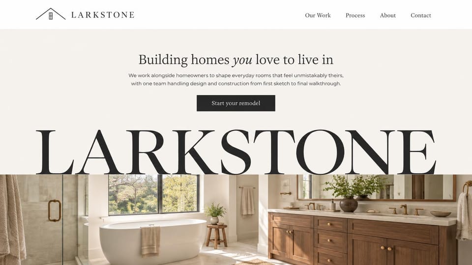 Remodeling website design, design-build with an oversized wordmark: a warm cream page, a serif welcome line and black button above an oversized black serif wordmark, a sunlit bathroom with a tub and wood vanity below