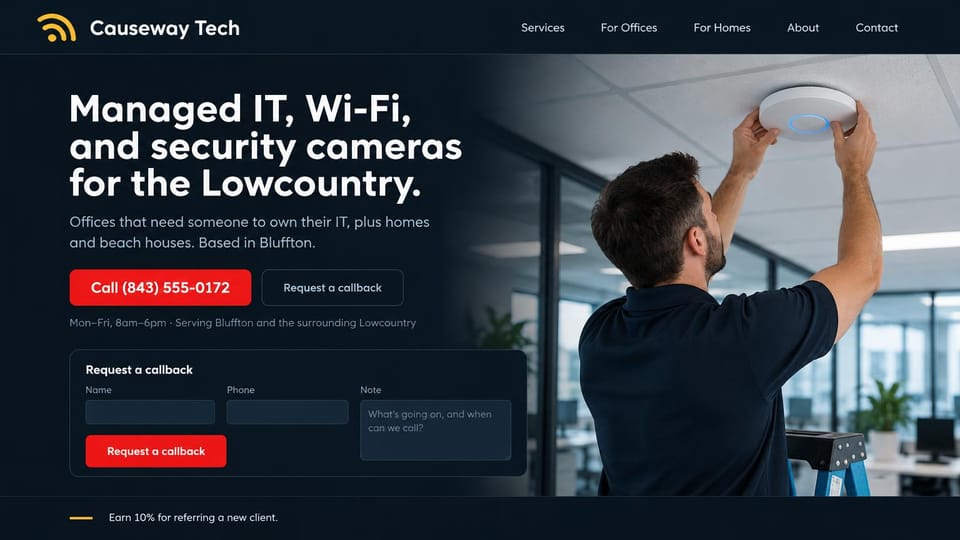 IT company website design, office Wi-Fi and cameras with a callback form: dark navy page, white headline, red call button and outlined callback button, a short callback form, a technician fitting a ceiling access point in an office