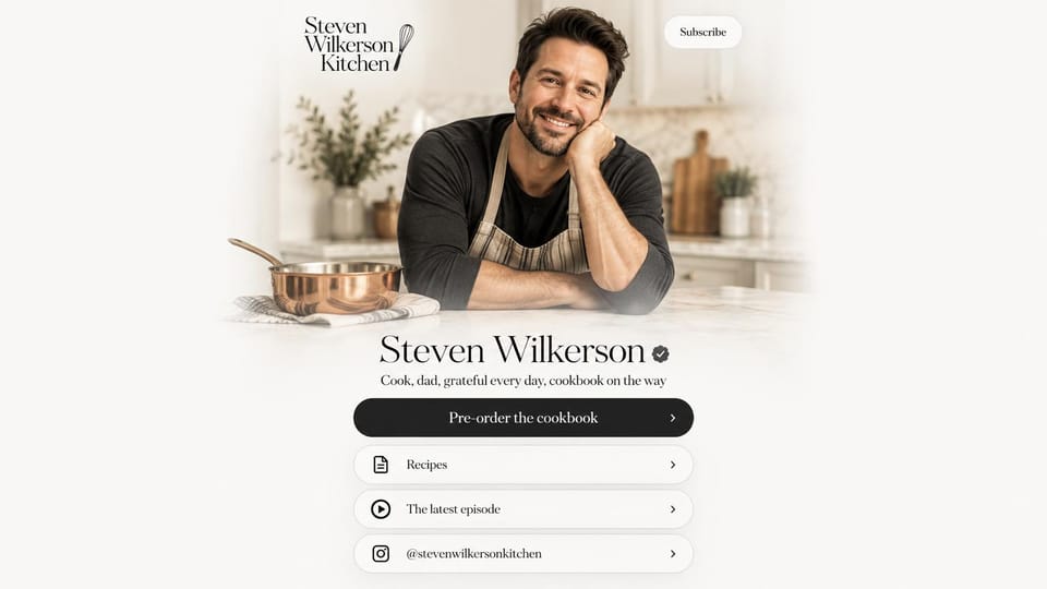 Author website design, cookbook preorder link page: white page, a chef portrait fading into white, a black preorder button and outlined links