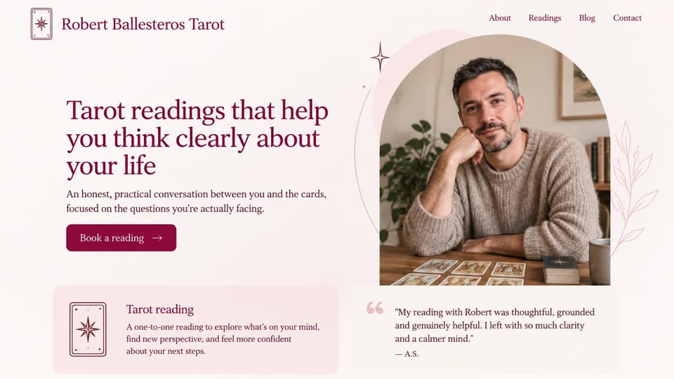 Astrology website design, tarot reader in blush with a reading card: blush page, a burgundy serif headline, an arched portrait of a reader at a table and a pink reading card below