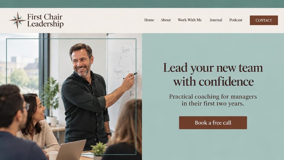 Coaching website design, leadership coaching at the whiteboard: sage teal panel with a serif headline and brown button beside a coach at a whiteboard with a team