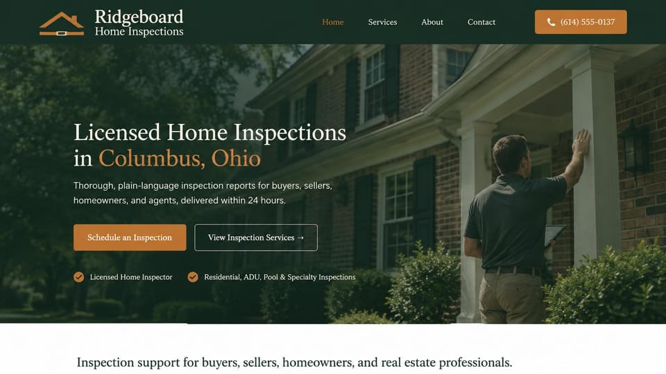 Home inspector website design, licensed inspector with specialty inspections: dark green overlay on a brick colonial, white and copper serif headline, a copper schedule button, an inspector touching a porch column