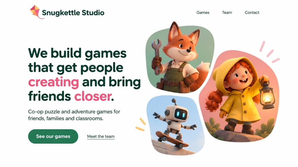 Gaming website design, family co-op studio with 3D character art: white page, bold dark green headline with pink highlight words, a green games button and an underlined team link, three soft blob frames with a 3D fox mechanic, a skateboarding robot and a girl in a yellow raincoat holding a lantern