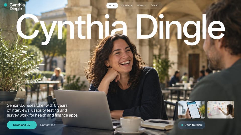 Resume website design, uX researcher with a huge name across a full-width photo: full-width photo of a laughing woman at a laptop in a sunny arched cafe, a huge white name across the top, two small work photos, a teal download CV button and an open to roles tag