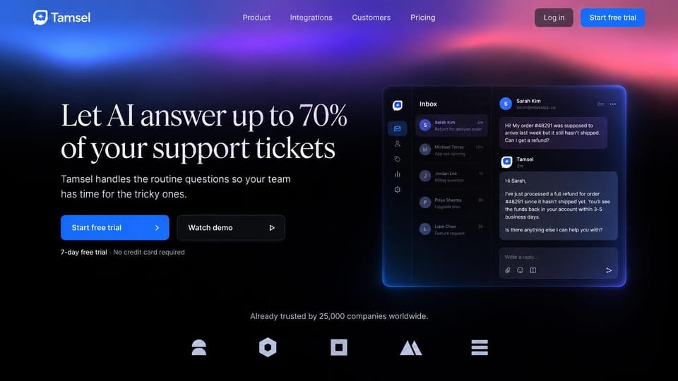 AI startup website design, aI ticket answering with a glowing inbox: black page under a blue, violet and pink aurora, large white serif headline, a blue trial button and dark demo button, a glowing inbox card with a chat thread and a row of gray logos below