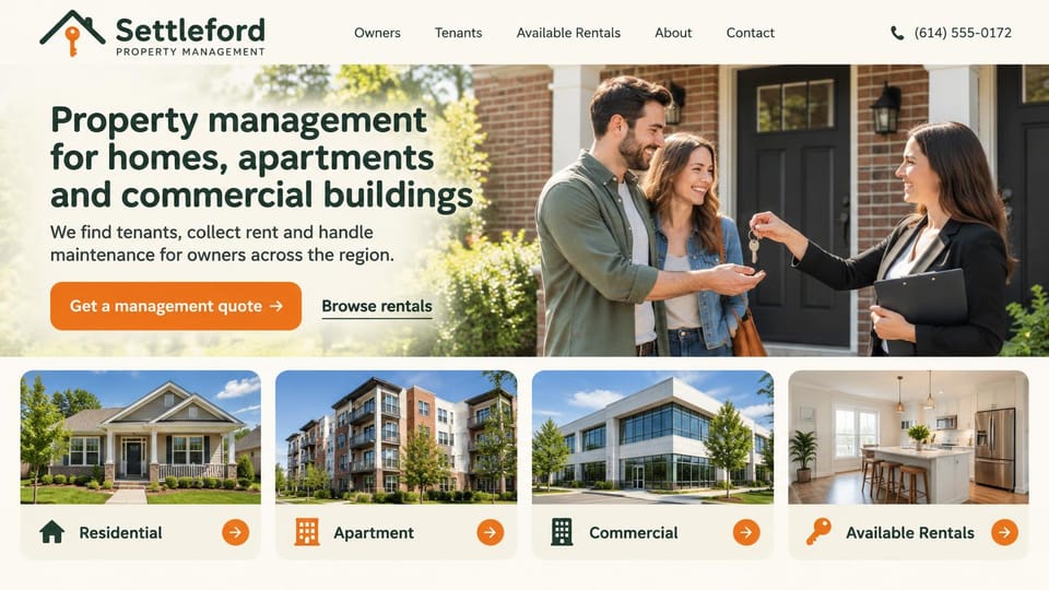 Property management website design, mixed portfolio management with property type cards: cream page, dark green house and key logo, a dark green headline, an orange quote button and browse rentals link, a manager handing keys to a couple at a brick door, four photo cards with orange arrows