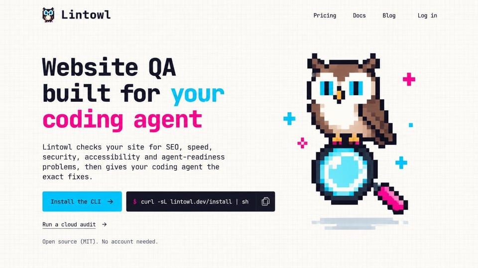 AI startup website design, developer tool with a pixel-art mascot: cream page with a faint grid, a black monospace headline with cyan and magenta words, a cyan install button, a command box and a pixel-art owl with a magnifying glass