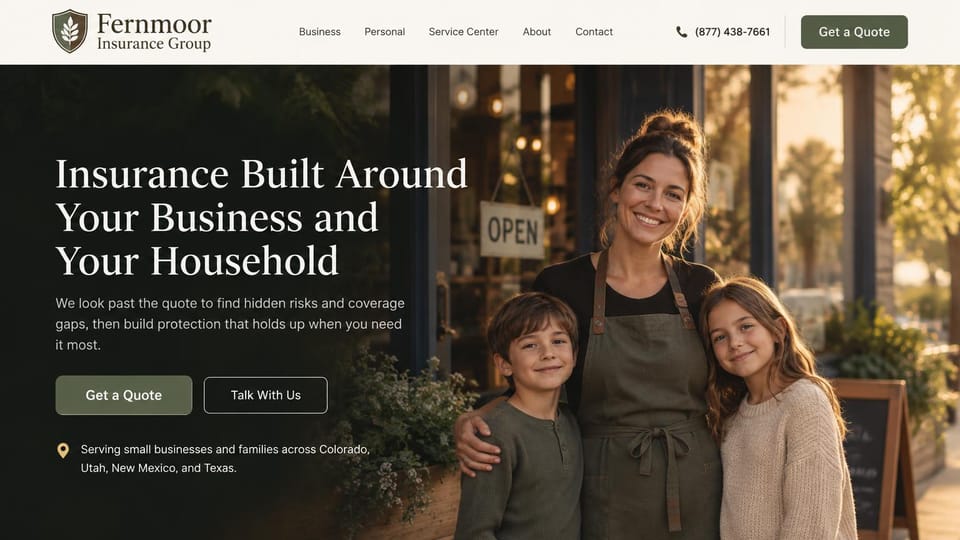 Insurance agency website design, business and household coverage at the shop door: cream header, a smiling shop owner in an apron with her two children at a sunlit storefront, white serif headline, sage green quote button