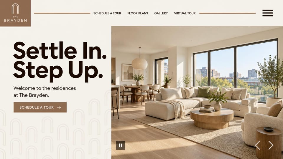 Apartment website design, sunlit residences with a bold slogan and arch pattern: cream page with a brown logo block, a heavy black two-line slogan, a brown tour button over a faint arch pattern and a sunlit living room with a city view