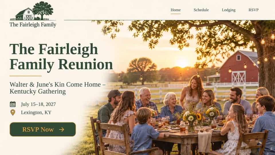 Event website design, farm family reunion at sunset: cream page with a green barn logo, a large green serif headline, a family dinner at a long table by a red barn at sunset and a green RSVP button