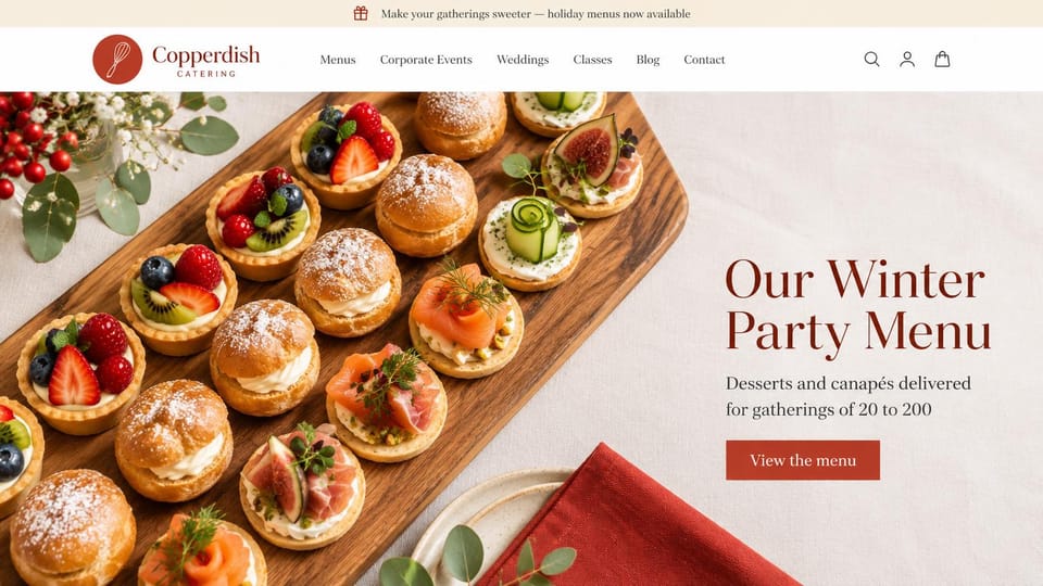 Catering website design, holiday party menu of canapés and desserts: light linen backdrop, a wooden board of canapés and fruit tarts beside a deep red serif headline and a red button