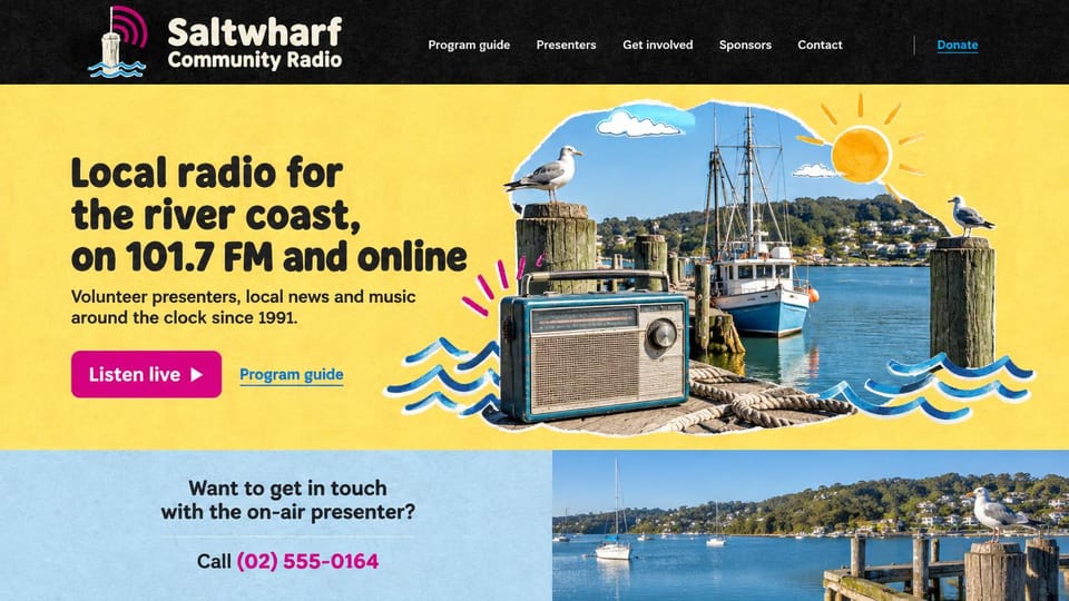 Radio station website design, coastal community radio in paper cutouts: sunny yellow hero with bold black type, a magenta listen button and a paper-cutout harbor scene with an old radio, boats and gulls, a pale blue contact strip below
