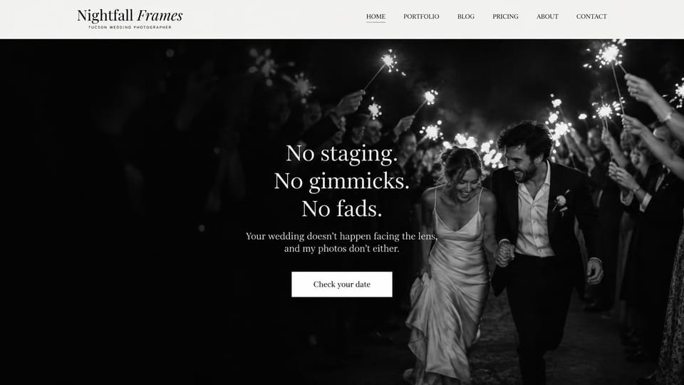 Wedding photographer website design, black and white wedding photographer with a sparkler exit: thin white menu bar, a black-and-white night photo of a couple running through a sparkler tunnel, centered white serif lines and a white check your date button