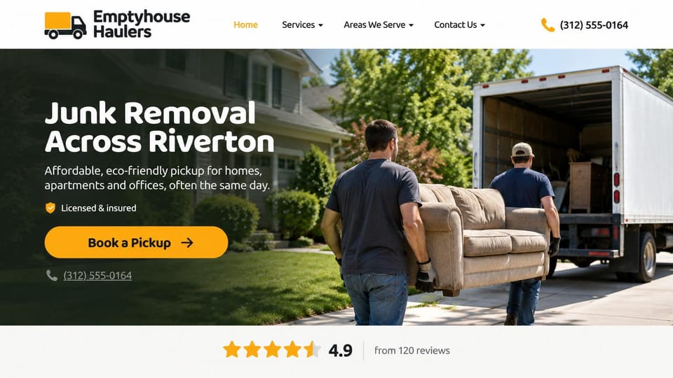 Junk removal website design, eco-friendly pickups for homes and offices: white header, two crew members carrying a beige couch toward a white box truck under a dark fade, a white headline, an amber booking button, a light rating strip below