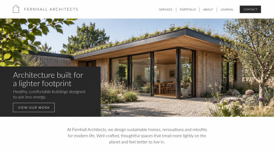 Architecture website design, sustainable homes and retrofits under a green roof: white nav, a low timber and glass house with a planted roof among trees, a charcoal panel with a white headline and outlined button, a centered intro below