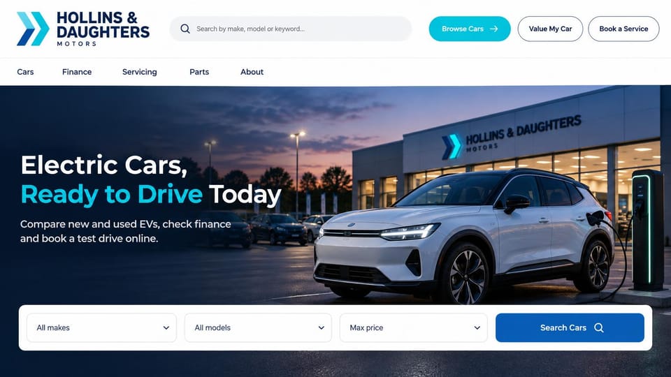 Car dealership website design, new and used electric cars at the charger: white header with a search bar and turquoise browse button, a dusk photo of a white electric SUV charging outside a glass showroom, a make, model and price search bar