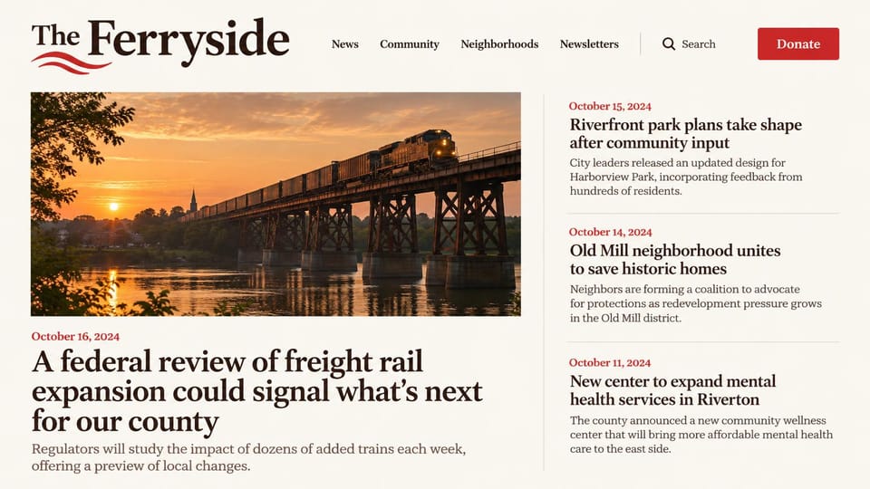 News and magazine website design, county news on cream with dated stories: cream page, dark brown serif logo with a red swash, a red donate button, a freight train crossing a trestle at sunset, red dates over three stories in a side column
