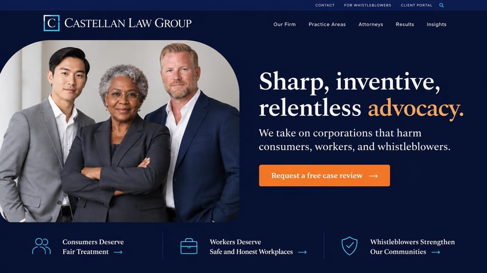 Law firm website design, plaintiff firm with a path for each client: navy and orange, three attorneys beside a serif headline and three audience links