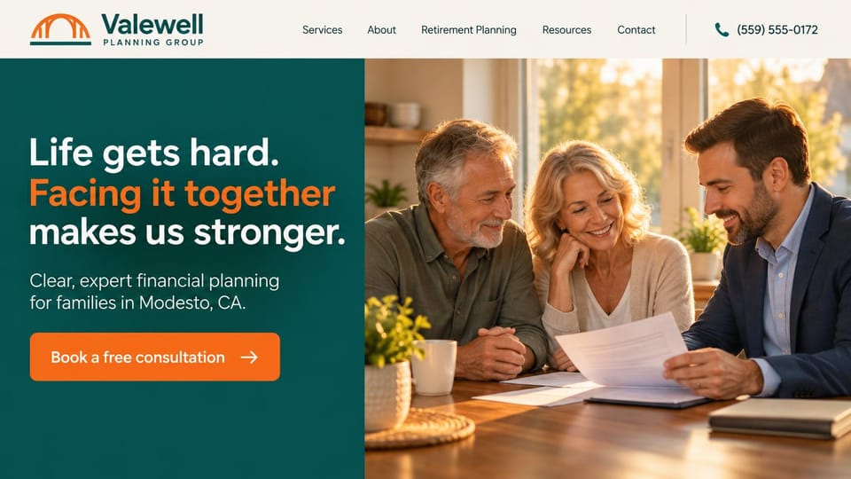 Financial advisor website design, family financial planning in teal and orange: cream header, deep teal panel with a bold white and orange sans serif headline and orange button, beside an advisor with an older couple at a sunny kitchen table