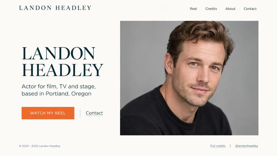 Actor website design, film and stage actor with a framed headshot: off-white page, a large navy serif name, an orange reel button and a framed headshot of a man with tousled hair on a gray backdrop
