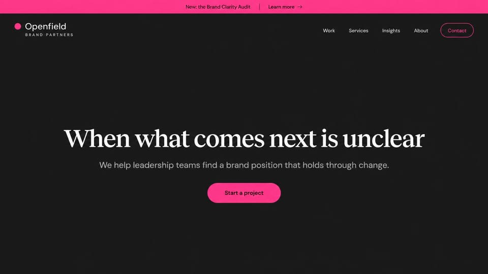 Consulting website design, brand strategy consultancy, type only: charcoal page, pink announcement bar, large white serif centered headline, pink start a project button