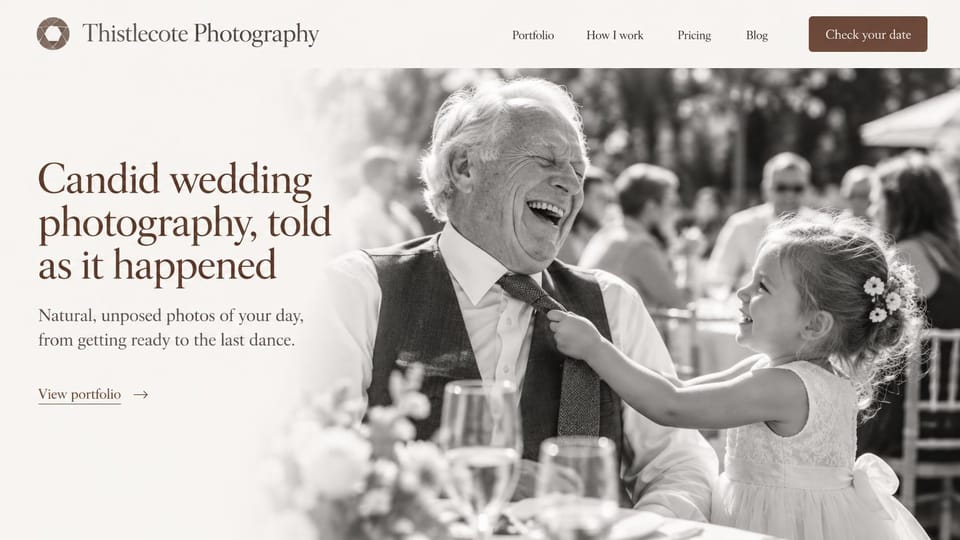 Wedding photographer website design, wedding photographer who catches the guests, in black and white: warm off-white page, a brown serif headline and portfolio link on the left, a black-and-white photo of a laughing grandfather and a little girl at a reception