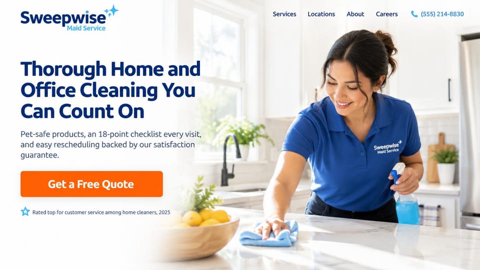 Cleaning service website design, home and office cleaning with a checklist promise: white page, a bold navy headline, a large orange quote button and a cleaner in a blue polo wiping a marble kitchen counter