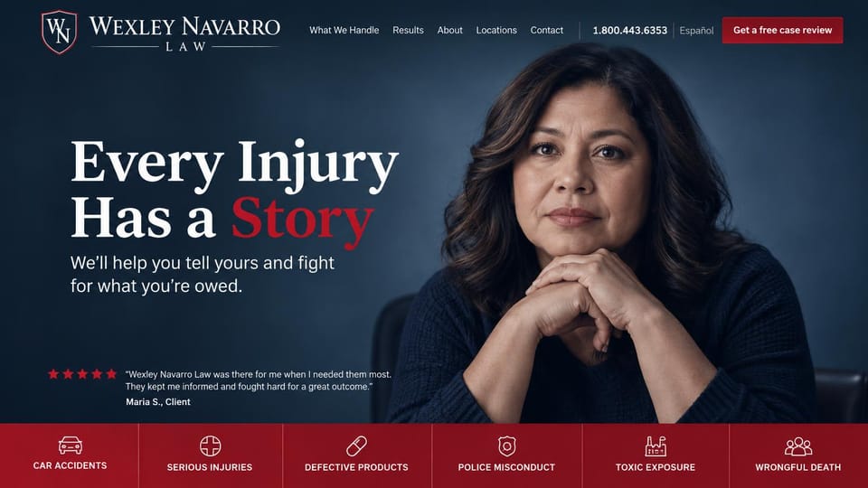 Law firm website design, personal injury led by a client story: navy and red, a client portrait with a short testimonial and a strip of case types