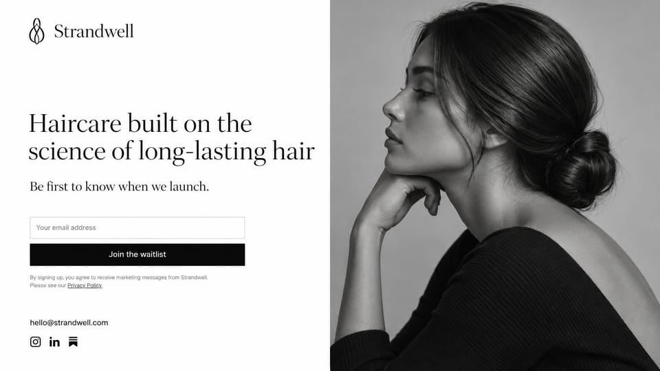 Coming soon website design, beauty brand teaser with a black and white portrait: white left half with serif headline, email field and black button; right half a black and white side portrait of a woman