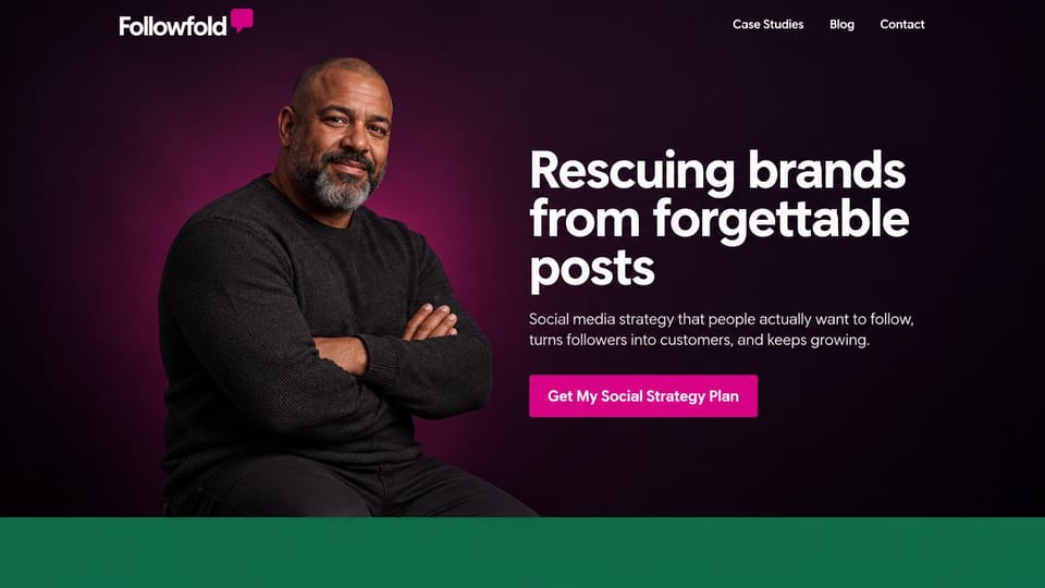 Marketing portfolio website design, social media strategist in plum and hot pink: near-black and plum page, a bold white sans headline, a hot pink button and a bearded man with crossed arms, a green band below