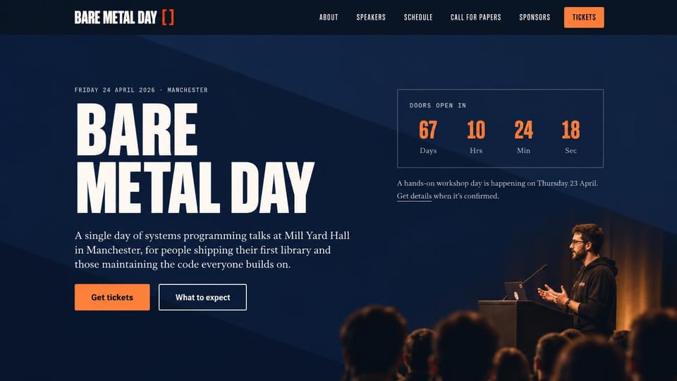 Event website design, one-day developer conference with a countdown: navy page, white condensed headline, orange countdown numbers, a speaker at a lectern, orange ticket button
