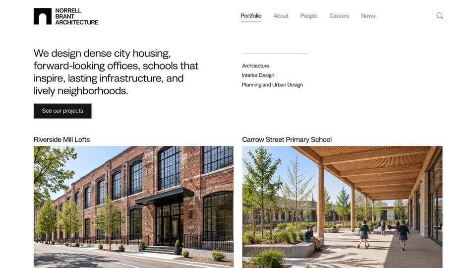 Architecture website design, housing, offices and schools in plain words: white page, a black square logo, a large black sans statement, a short services list and photos of brick lofts and a school