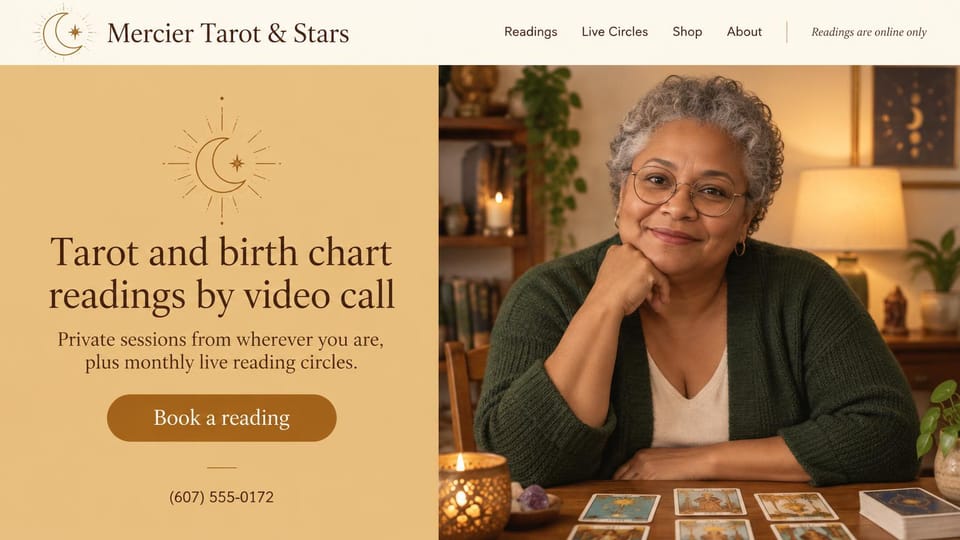 Astrology website design, tarot and birth charts by video call: golden ochre panel with a moon emblem, a brown serif headline and button beside a gray-haired reader smiling at a table of cards