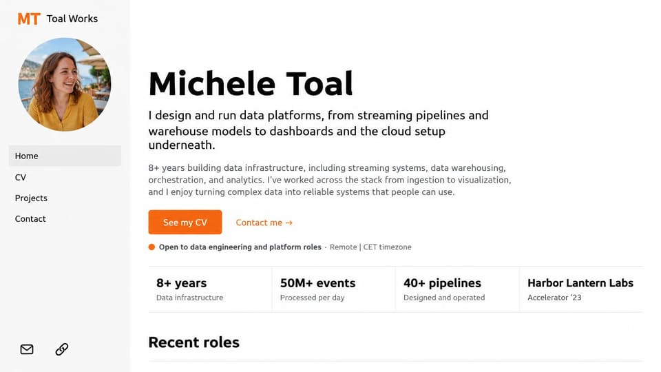 Resume website design, data engineer with a sidebar and an open-to-roles line: white page with a pale gray sidebar, a round portrait, a large black name, an orange CV button and a row of four stats