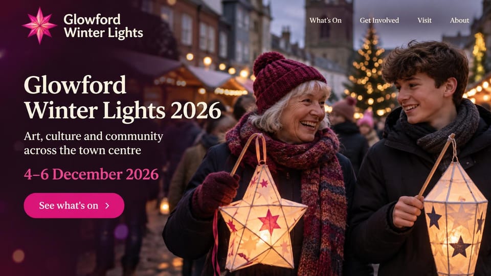 Event website design, winter lights festival with a lantern procession: plum gradient over a dusk photo of an older woman and a teen carrying glowing star lanterns past market stalls, cream serif headline, pink dates and button