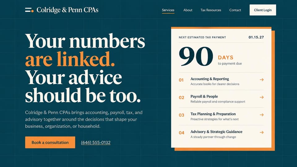 Accounting website design, cPA firm with a tax payment countdown: dark teal page with faint grid lines, a large cream and orange serif headline, an orange consultation button beside the phone number, and a cream card counting down to a tax payment above four numbered services