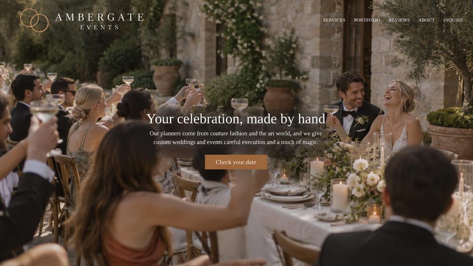 Event planner website design, design-led planner with a courtyard dinner: courtyard dinner with guests toasting a couple, centered white serif headline, tan date button