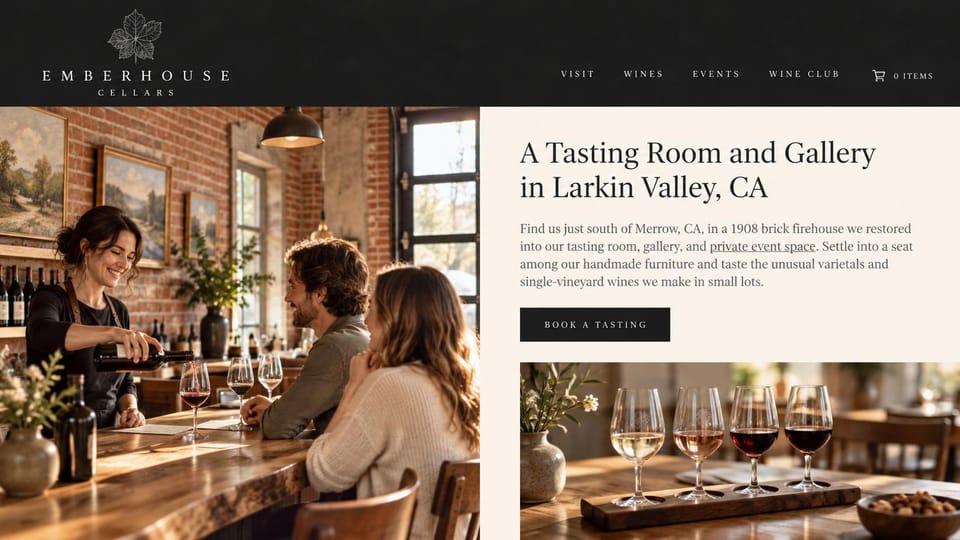Winery and brewery website design, tasting room in a restored historic building: dark header with a leaf mark, a photo of a host pouring wine at a brick bar on the left, a cream panel with a serif headline, text and a small photo of a tasting flight