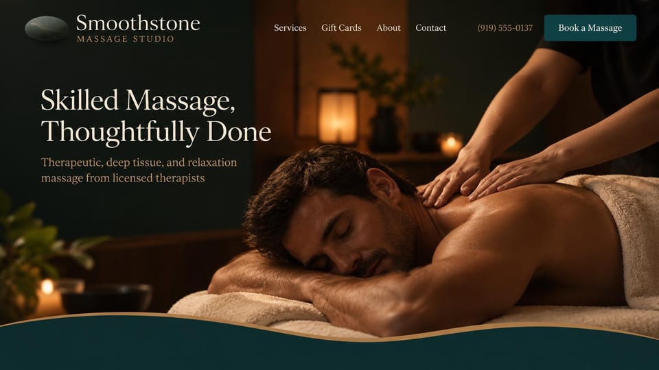 Massage therapist website design, massage studio in deep green with a curved band: dark green page, a cream serif headline over a photo of a man receiving a back massage, a curved teal band at the bottom