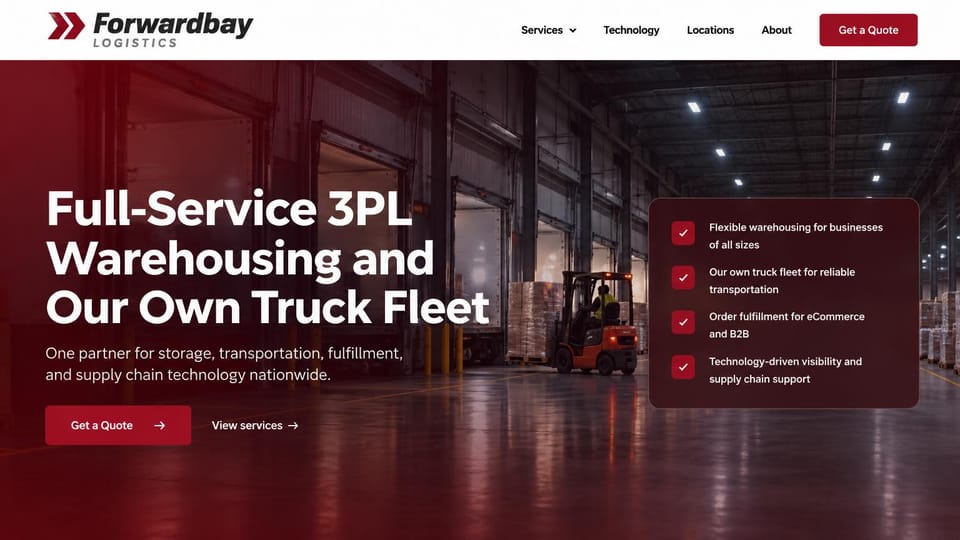 Logistics website design, 3PL warehousing with its own truck fleet: white header, a deep red overlay on a warehouse with an orange forklift, white headline, a dark red checklist card, red quote button