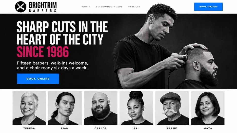 Barbershop website design, big-team barbershop with a row of barber portraits: black and white photo of a barber clipping a bearded client's hair, tall white condensed capitals with the year in pink, bright blue book buttons and six grayscale barber headshots with their names underneath