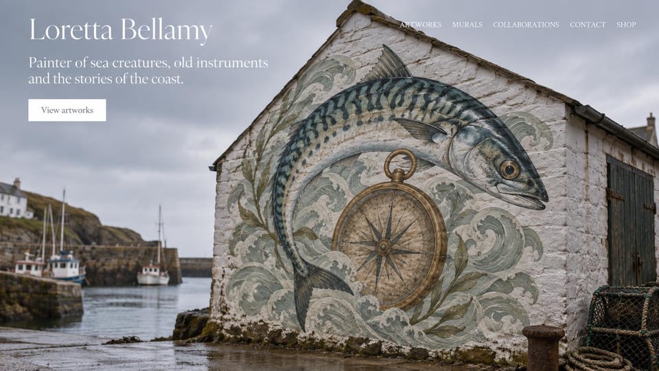 Artist website design, coastal painter with a mural hero: a large fish and compass mural on a harbor building, a white serif name and tagline with an outlined button