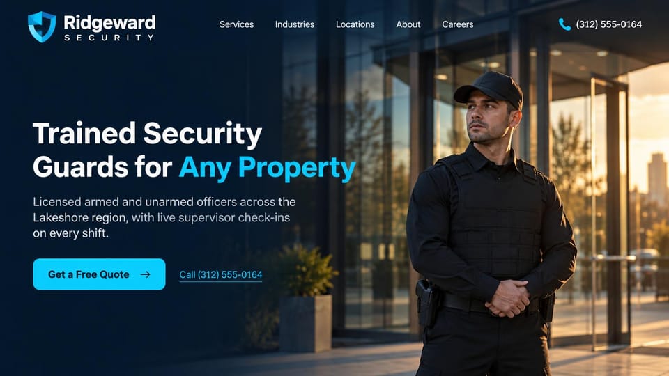 Security company website design, armed and unarmed guards with a sunset portrait: dark navy fade over a photo of a guard in a black uniform and vest outside a glass office entrance at sunset, a white and cyan headline, a cyan quote button