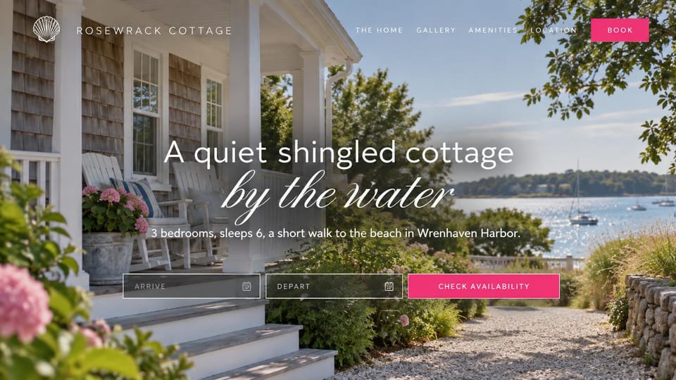 Vacation rental website design, shingled cottage by the harbor in pink: a shingled cottage porch with white rocking chairs and pink hydrangeas above a harbor with sailboats, white headline with a script line, date fields and hot pink buttons