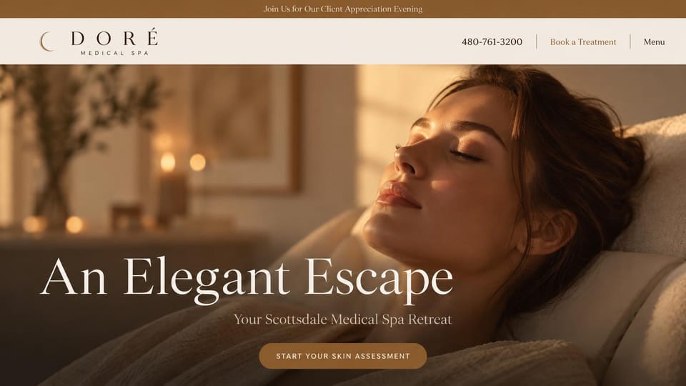 Spa website design, med spa retreat with a skin assessment: bronze announcement bar, cream header with a crescent logo and phone number, a woman resting with closed eyes in golden light, large white serif headline and bronze pill button
