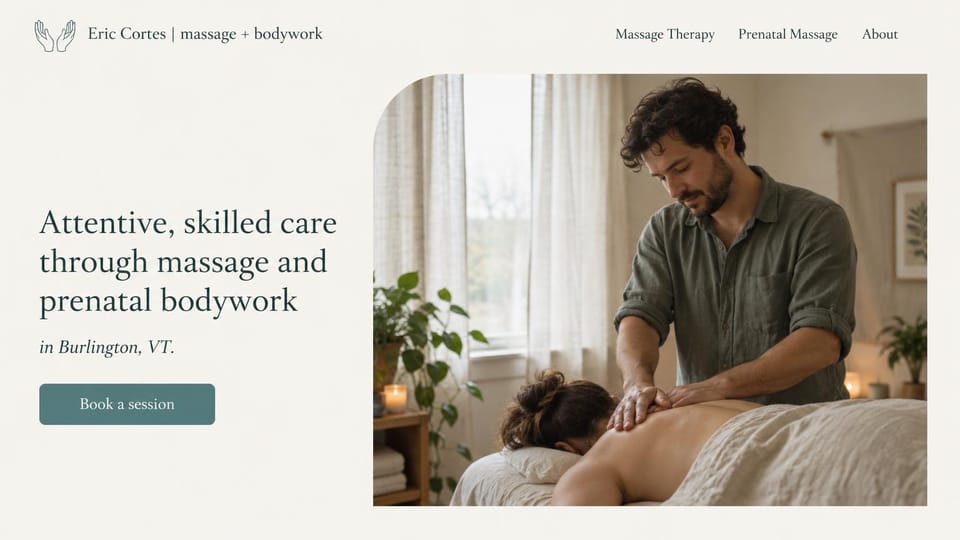 Massage therapist website design, prenatal massage from a solo therapist: ivory page, a dark green serif headline beside a rounded photo of a therapist working on a client's shoulders