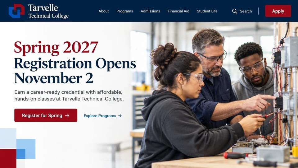 School website design, technical college with registration dates as the headline: navy header, a red and navy serif headline, a red register button and an instructor and two students wiring an electrical panel