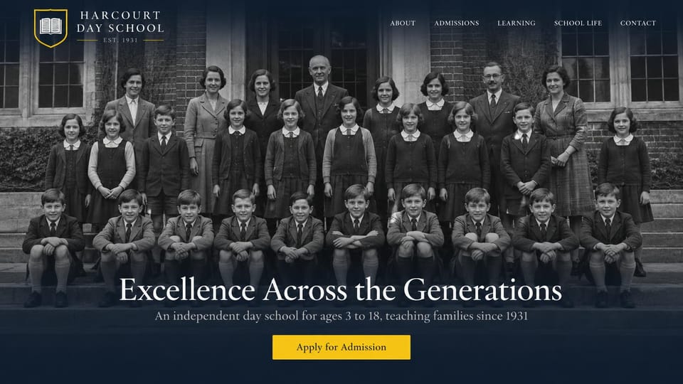 School website design, historic day school with an archival photo: dark navy, a black and white archival photo of a school class, a centered white serif headline, a yellow apply button