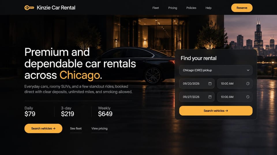 Car rental website design, city car rental with rates and a search panel: black page, white sans headline with an orange city name, three rate figures, a dark sedan by a lit lobby with a skyline behind, a dark search panel with an orange button