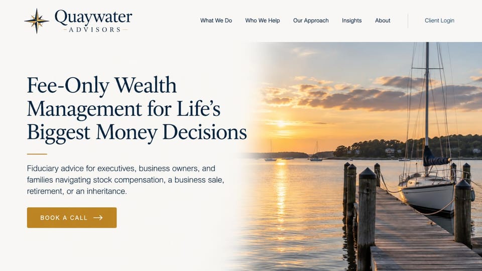 Financial advisor website design, advice for executives and business sales by a sunset harbor: cream page fading into a sunset harbor with a sailboat, dark serif headline and copper outlined button